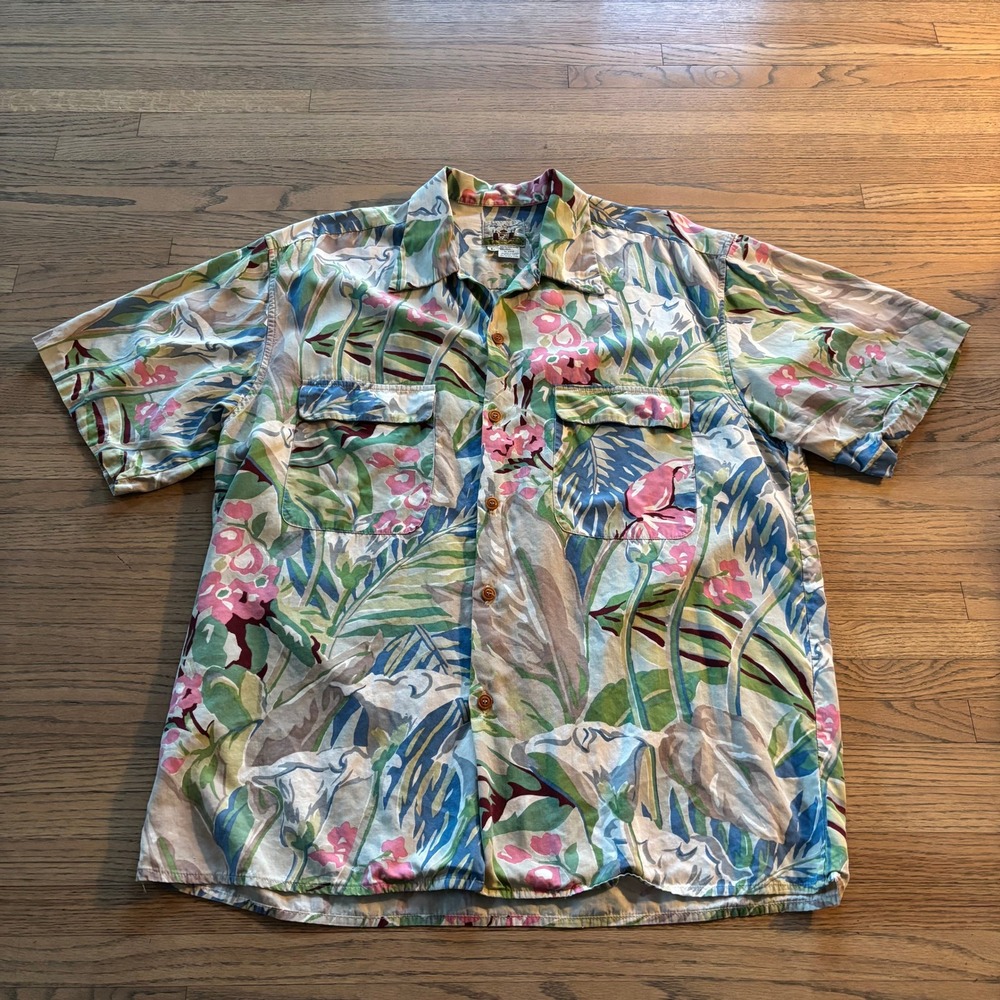Reyn Spooner Mens Large Hawaiian Shirt Linen Blend Floral Short Sleeve Button Up